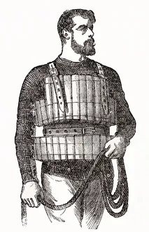 Buoyancy Prints: Man wearing lifebelt around body, designed by Admiral J. R Ward in 1854. Date: 1881
