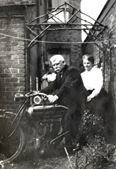 Matchless Prints: Man & woman on 1913 Matchless motorcycle
