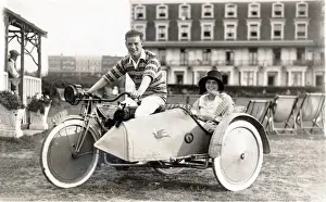 Disc Prints: Man& woman on a 1920 New Gerrard motorcycle & sidecar