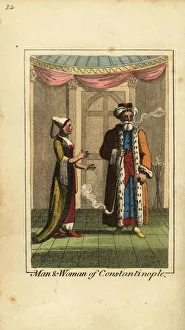 Man and woman of Constantinople, Ottoman Empire, 1818. The man wears a turban and ermine-trim coat and smokes a long tobacco pipe, the woman in dress and harem pants. Handcoloured copperplate engraving from Mary Anne Venning's A Geographical Present being Descriptions of the Principal Countries of the World, Darton, Harvey and Darton, London, 1818. Venning wrote educational books on geography, conchology and mineralogy in the early 19th century Man and woman of Constantinople, Ottoman Empire, 1818