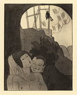 A man and woman embrace under a hanged man