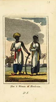 Man and woman of Hindostan or Hindustan, 1818. The man wears a turban, tunic, sash and harem pants and holds a saber, the woman wears a veil, shawl and dress. A man rides an elephant howdah in the background. Handcoloured copperplate engraving from Mary Anne Venning's A Geographical Present being Descriptions of the Principal Countries of the World, Darton, Harvey and Darton, London, 1818. Venning wrote educational books on geography, conchology and mineralogy in the early 19th century Man and woman of Hindostan or Hindustan, 1818
