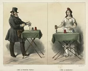 Magicians Gallery: Man and woman magicians performing tricks at table