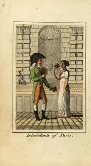 Algiers Gallery: Man and woman of Paris standing in front of a fountain, 1818