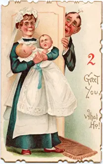 Nanny Prints: Man, woman and twin babies on a greetings card
