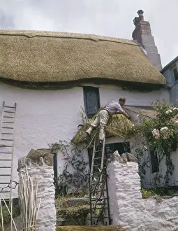 Whitewashed Prints: Man at work thatching a cottage roof, West Country