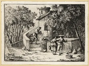 David Deuchar Prints: Man writing graffiti on a tower wall from a staircase, 17th cent