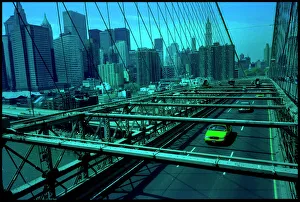 Manhattan Prints: Manhattan skyline from Brooklyn Bridge with yellow cab