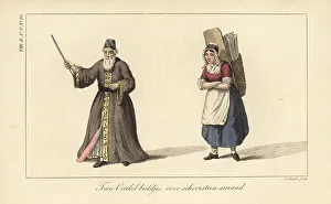 Needlework Prints: Two mantelpiece ornaments, an oracle figurine and woman with bas