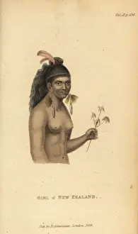 Shoberl Prints: Maori girl with feather in her hair and long earrings