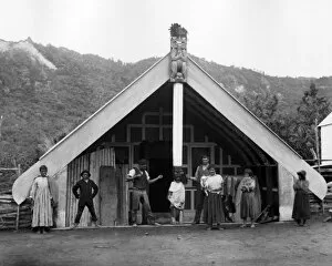 Maori group outside building, New Zealand