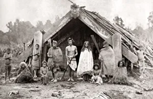 Maori group outside house, New Zealand, c. 1880 s