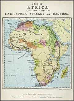 Cartography Collection: Map of Africa illustrating travels of explorers