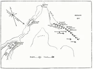 1798 Prints: Map, Battle of the Nile (Battle of Aboukir Bay), Egypt, a naval battle between
