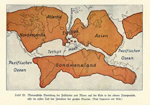 Lower Collection: Map of the continents and seas in the Upper Triassic