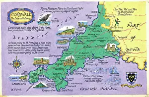 Peck Prints: Map Cornwall Postcard England Watercolour painting
