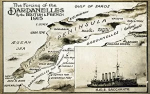 Images Dated 4th April 2016: Map of Dardanelles with HMS Bacchante, WW1
