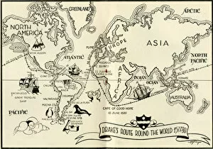 Clarke Gallery: Map of Drakes route round the world, 1577-1580