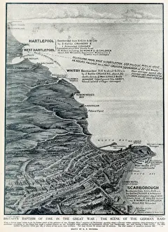 Whitby Prints: Map of the East Coast Bombardments, WW1
