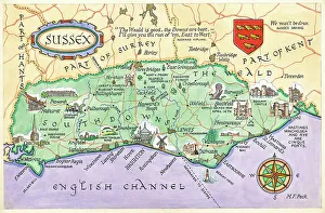 Peck Prints: Map English Channel Postcard England Watercolour