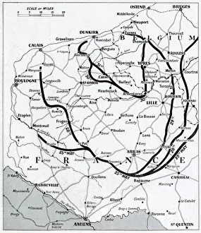 Map of France and Belgium, evacuation from Dunkirk, WW2