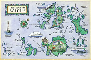 Scilly Prints: Map The Isles of Scilly Postcard England Watercolour