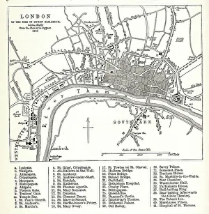 1560 Prints: Map of London in the time of Queen Elizabeth I