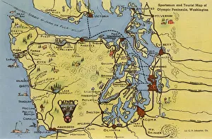 Geography Prints: Map of Olympic Peninsula, Washington State, USA - for sports and tourism Date: circa 1940