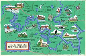 Peck Prints: Map The River Bure Norfolk Broads Postcard England