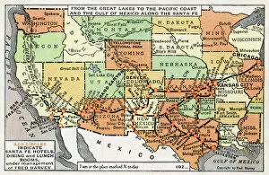 Railroad Gallery: Map, route of Santa Fe Railroad, USA