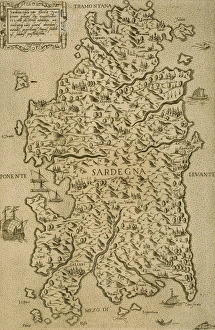 Map of Sardinia. Mediterranean Sea. Italian engraving. 16th