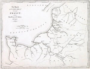 Images Dated 2nd November 2020: A map showing the movement of King Edward III through France from Barfleur to Calais in