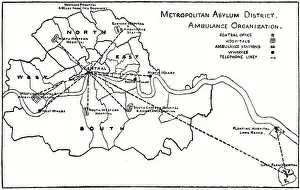 Londons Prints: Map showing the organisation of the London's Metropolitan Asylums Board's ambulance network