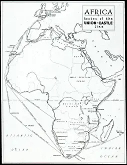 Routes Prints: Map Showing Routes of the Union Castle Line to Africa