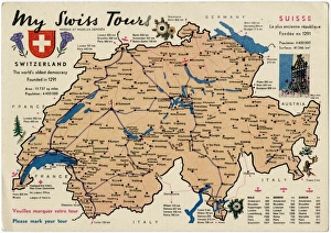 Images Dated 29th September 2016: Map showing Swiss Motorbus Tour Routes