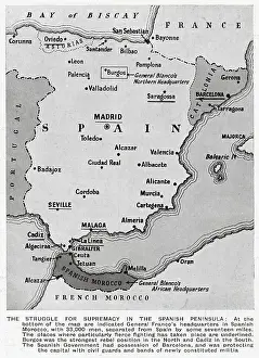 Cadiz Prints: Map of Spain showing the situation at the beginning of the Spanish Civil War