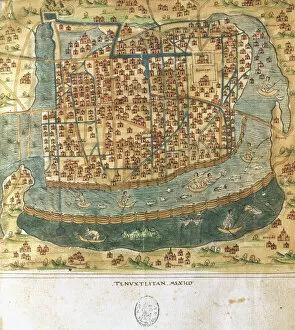 Latin Collection: Map of Tenochtitlan. Mexico, 1560. By Alonso de Santa Cruz