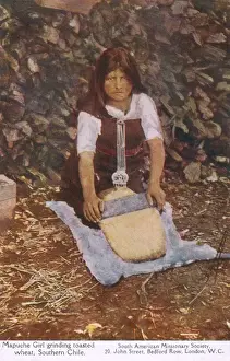 Grinds Prints: Mapuche Girl grinding toasted wheat - Southern Chile