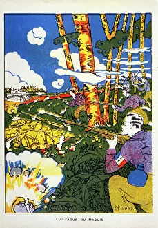 1944 Prints: The Maquis (French Resistance) attack a group of German soldiers. Date: 1944