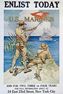 Marines Collection: Two marines on coast signal battleship with flag Date: 1918