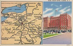 Pedestrians Prints: Mark Twain Hotel and map, Elmira, New York State, USA