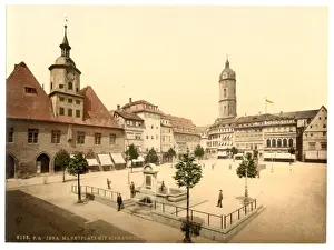 Thuringia Prints: Market place and Bismarcks Fountain, Jena, Thuringia, Germa