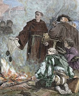 Reformation Collection: Martin Luther (1483-1546) burning the papal bull Exsurge Do