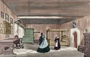 Protestant Prints: Martin Luthers Room in Wartburg Castle. Engraving. Colored