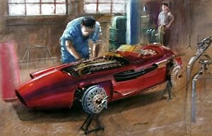 Images Dated 4th April 2012: Maserati 250F preparations - painting by Andrew McGeachy