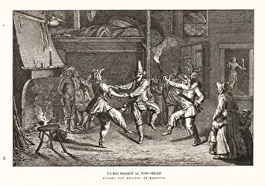 Torch Prints: A masked ball in a rustic hall, 17th century