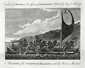 Canoe Prints: Masked natives of the Sandwich Islands rowing in a canoe Date: 1770