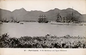 Mauritian Prints: Mauritius - Port Louis - HM Battleships and Signal Mountain