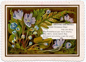 Mauve and blue flowers on a Christmas card