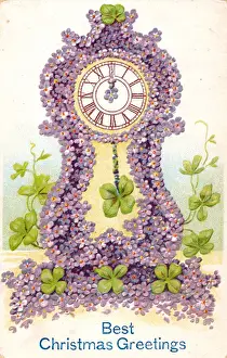 Clocks Prints: Mauve flowers on a clock on a Christmas postcard